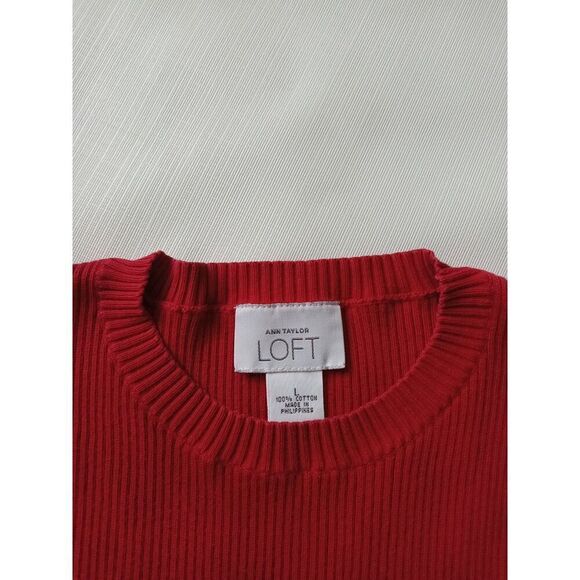 Loft Ann Taylor Red Tight Knit Ribbed Long Sleeve Pullover Sweater Women's Large - Picture 6 of 12